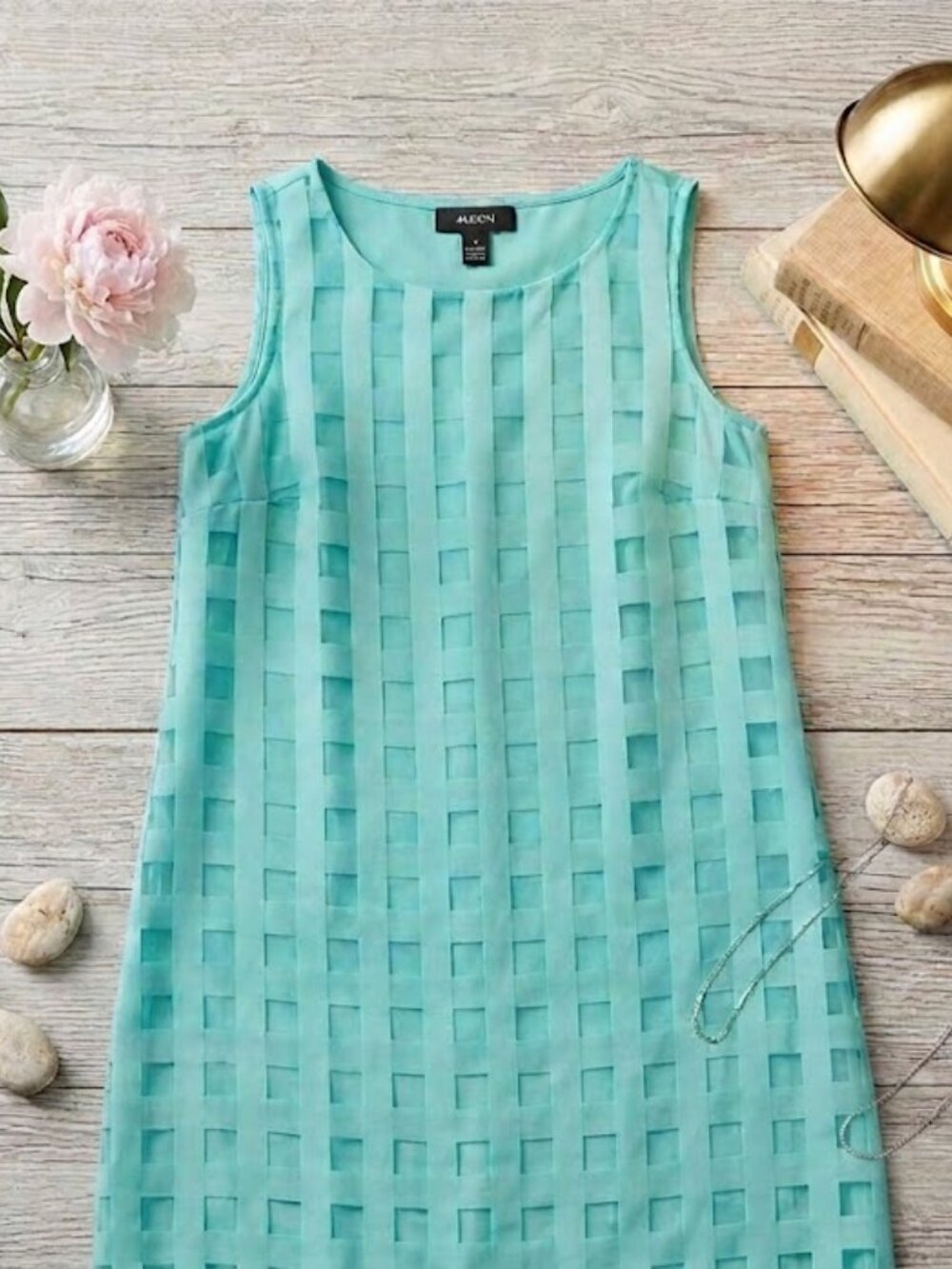Alfani NWT Aqua Green Sleeveless Grid Cutout Tunic Dress Size M